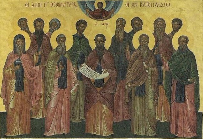 Τῇ Δ’ (4η) τοῦ μηνός Ἰανουαρίου μνήμη τοῦ Ὁσίου Εὐθυμίου Ἡγουμένου τῆς Μονῆς Βατοπαιδίου, ἐλέγξαντος τούς λατινόφρονας βασιλέα Μιχαήλ καί Βέκκον τόν Πατριάρχην ἐν τῷ βυθῷ τελειοῦται & τῶν σύν αὐτῷ δώδεκα Μοναχῶν ὁμοίως ἐλέγξαντες τούς λατινόφρονας, ἀγχόνῃ τελειοῦνται.